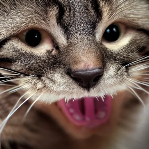 Prompt: closeup of an angry, hissing cat with fangs bared. it has luxuriant fur. highly detailed photograph