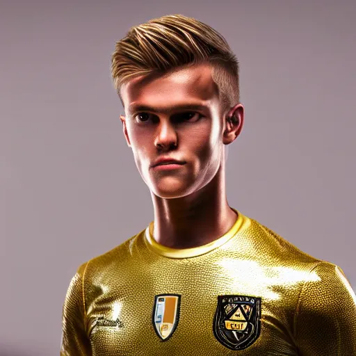 Image similar to a realistic detailed photo of a guy who is an attractive humanoid who is half robot and half humanoid, who is a male android, soccer player martin ødegaard, shiny skin, posing like a statue, blank stare, in a living room, on display, showing off his muscles, gold soccer shorts, side view