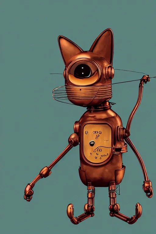 Prompt: a cute cat robot in a metropolitan city, painted by wally wood and matt jefferies, trending on artstation, steam punk, bright macro view pixar, award - winning, blueprint, big eyes, ( ( ( copper ) ) ) wire whiskers, chillwave, realism