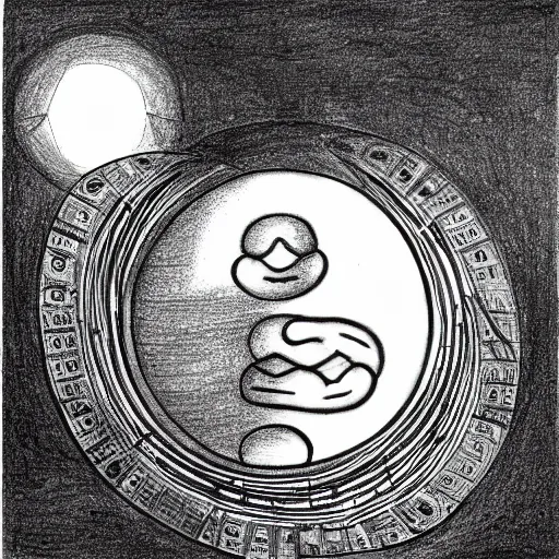 Prompt: a drawing of a pregnant robot giving birth to emerging yin - yang daoist symbol emerging from womb, black and white detailed pencil drawing dao