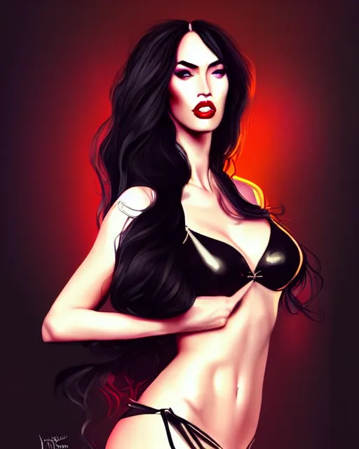 Image similar to megan fox with dark eye makeup, fancy vegas show girl in a bar dancing on stage, long windblown black hair, glamorous pose, digital illustration, wlop, charlie bowater, octane