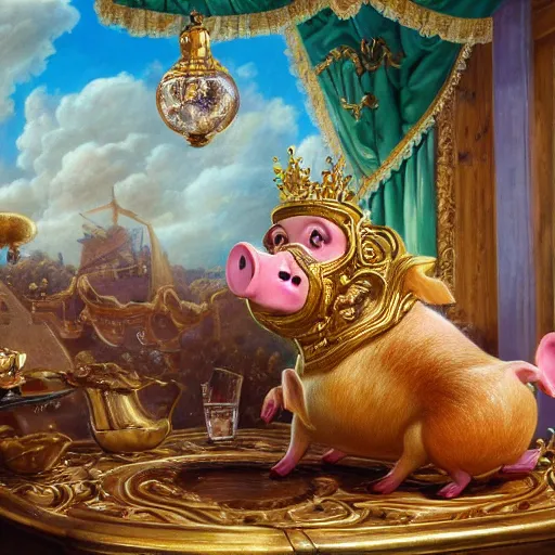 Image similar to pig wearing gold crown eating pork rind snacks, Realistic, Regal, Refined, Detailed Digital Art, Michael Cheval, Walt Disney (1937), François Boucher, Oil Painting, Steampunk, Highly Detailed, Cinematic Lighting, Unreal Engine, 8k