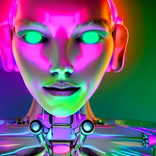 Prompt: beautiful cybernetic fairy robot with glossy plastic skin, neon gradient color explosions, incredible digital art, octane render 1 6 k, volumetric lighting, bender, 3 d masterpiece, astonishing light consistency, ultra detailed facial expression of self - consciousness, ai ethics, award - winning digital masterpiece