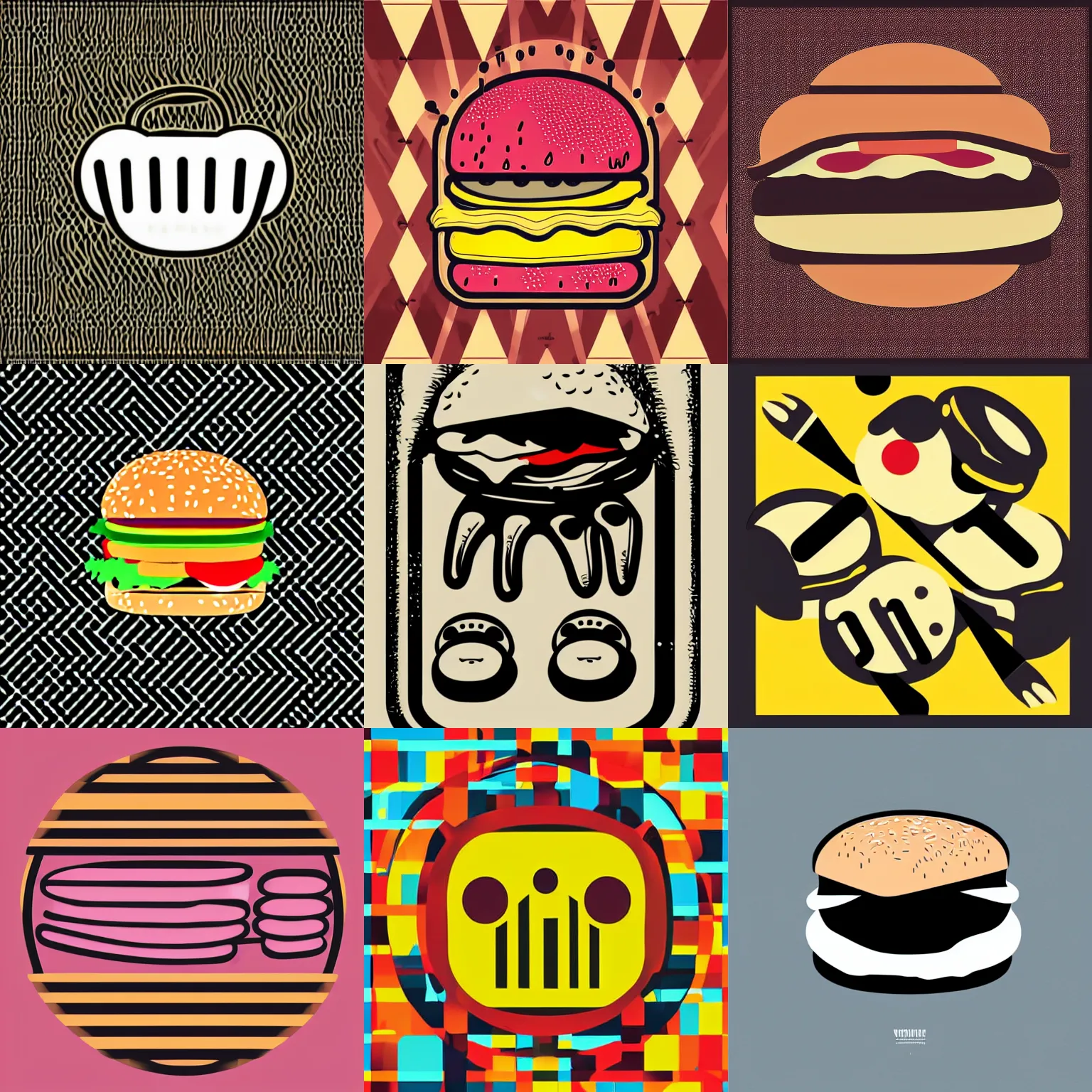 Prompt: walking burger, vector art by Alfred Manessier, behance, international typographic style