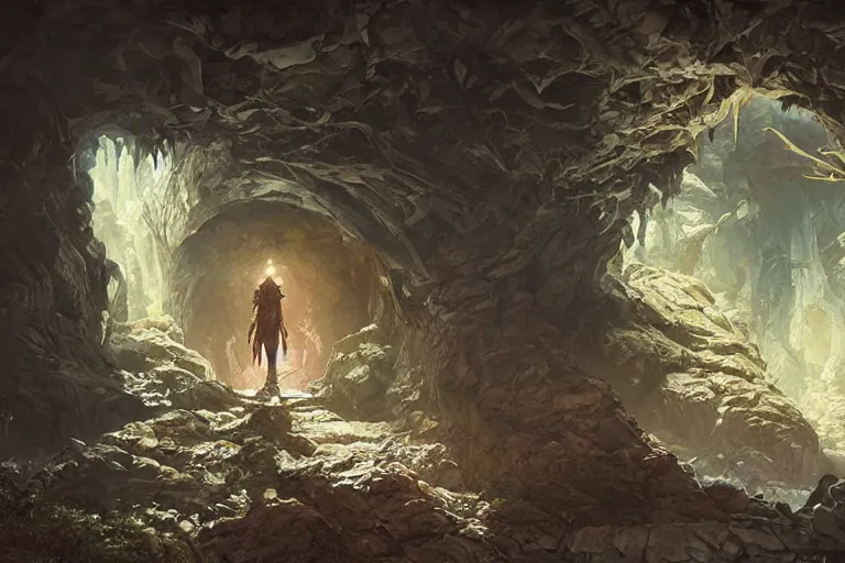 Prompt: painting of an evil cave entrance, concept art, intricate details, eerie, highly detailed, photorealistic, octane render, 8 k, unreal engine. art by artgerm and greg rutkowski and alphonse mucha