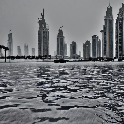 Prompt: Dubai tsunami, flooded, nostalgic filter