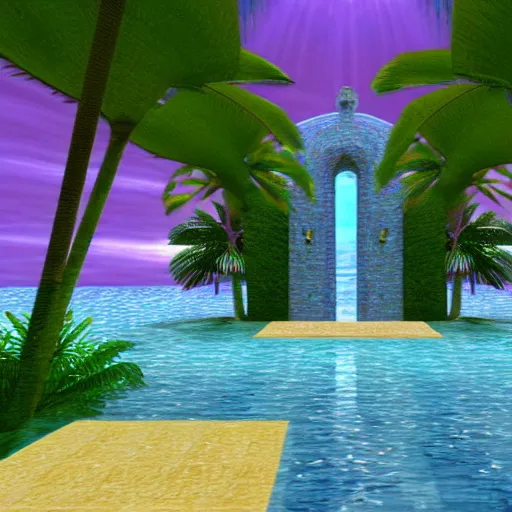 Image similar to Palace of the chalice, refracted sparkles, motion blur, ps1 videogame, thunderstorm, greek pool, beach and Tropical vegetation, 2005 game, moldy screenshot