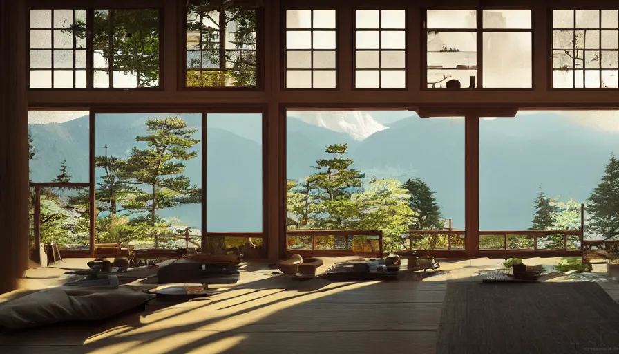 Image similar to interior of a japanese house built on the mountains, view, view on the lake, sunrise through the windows, forest, hyperdetailed, artstation, cgsociety, 8 k