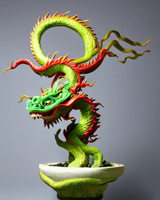 Prompt: Photograph of a Award-winning ikebana flower arrangement designed into the shape of a Chinese Dragon