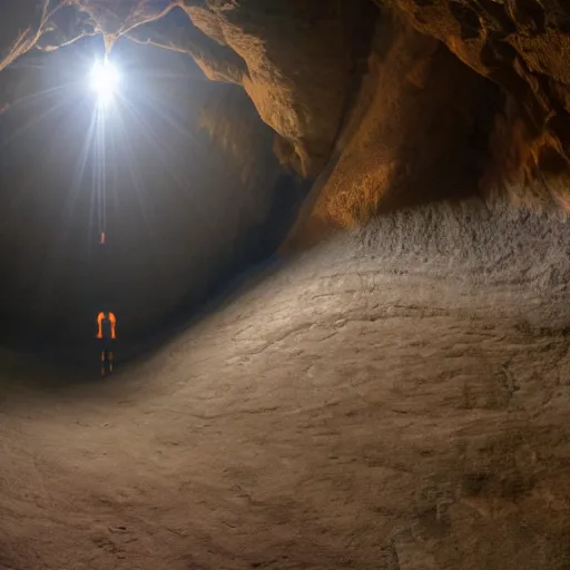 Image similar to photo inside a cave of a building and a giant orange glowing transparent humanoid of one thousand feet of height