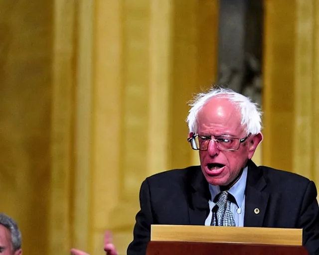 Prompt: Super Saiyan 3 Bernie Sanders screams during philibuster speech in the Senate Chamber, glowing golden aura, wind blowing papers from the podium (AP Photo)