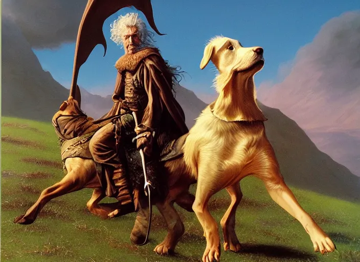 Prompt: Highly detailed oil painting of Gandalf the White riding a dachshund, intricate artwork by Angus McBride, John Howe, Matthew Stewart, Ted Nasmith, heroic fantasy