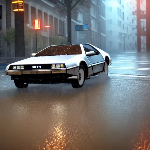 Image similar to hyperdetailed, photorealistic photograph of a dmc 1 2 delorean driving in the streets, rain, night, dense fog, hd, unreal engine 5