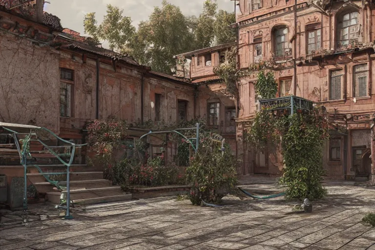 Image similar to a regular russian courtyard with mud and an old playground between two soviet five-storey panel houses, high details, cinematic, 8k resolution, beautiful detailed, insanely intricate details, artstation trending, octane render, unreal engine