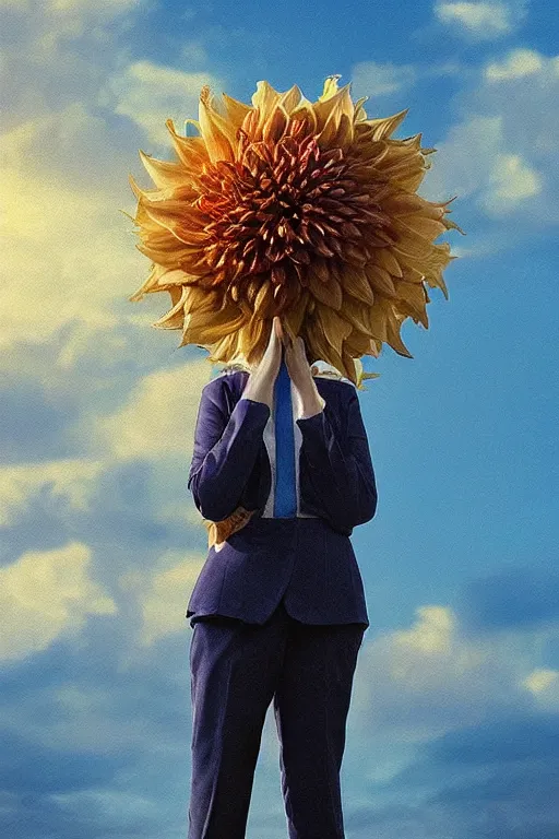 Prompt: closeup giant dahlia flower head, girl in a suit, surreal photography, blue sky, sunrise, dramatic light, impressionist painting, digital painting, artstation, simon stalenhag