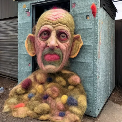 Image similar to photo of a larger than life sized needle - felted 2 0 0 year old wrinkly man covered in warts and skin tags sitting behind a needle felted dumpster in a needle felted alley way with low light and dark shadows