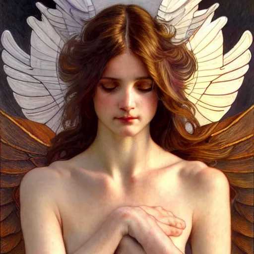 Prompt: Winged girl angel, face, fantasy, intricate, elegant, dramatic lighting, highly detailed, lifelike, photorealistic, digital painting, artstation, concept art, smooth, sharp focus, illustration, art by John Collier and Krenz Cushart and Artem Demura and Alphonse Mucha and Jean-Leon Gerome and and Albert Aublet