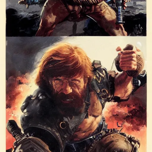 Prompt: cinematic action shot freeze frame portrait of Chuck Norris using another Chuck Norris as a weapon to fight evil by greg rutkowski and frank frazetta and peter mohrbacher and marc silvestri