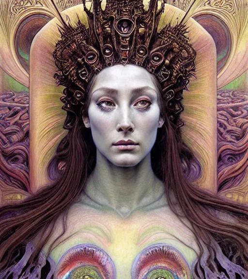 Image similar to detailed realistic beautiful young cher queen of mars portrait by jean delville, gustave dore and marco mazzoni, art nouveau, symbolist, visionary, baroque, iridescent fractal details. horizontal symmetry by zdzisław beksinski, iris van herpen, raymond swanland and alphonse mucha. highly detailed, hyper - real, beautiful