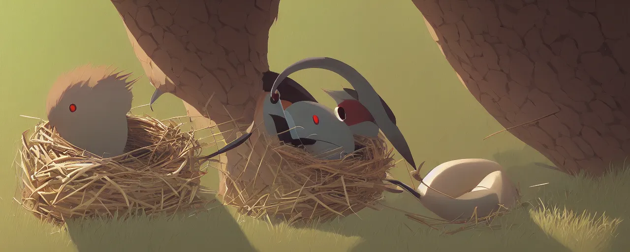 Image similar to gori fujita ilustration a game development studio, little bird building a nest close up painting by goro fujita, sharp focus, highly detailed, artstation