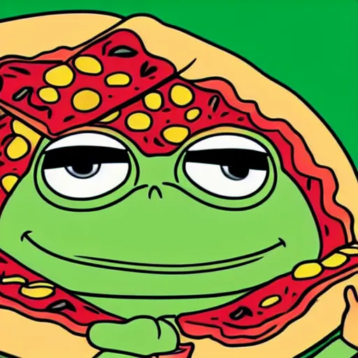 Image similar to pepe the frog chilling in the sofa eating pizza