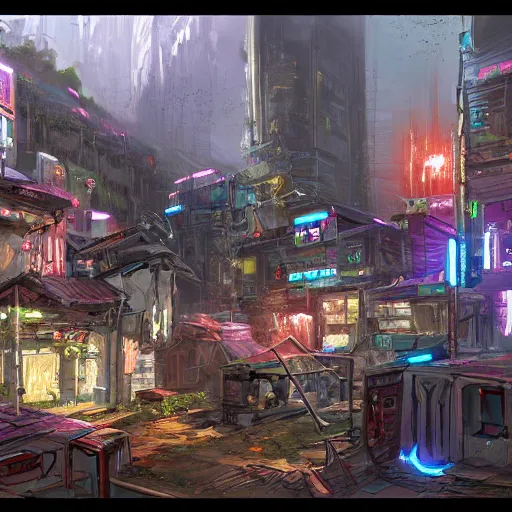 Prompt: a small cyberpunk village, concept art