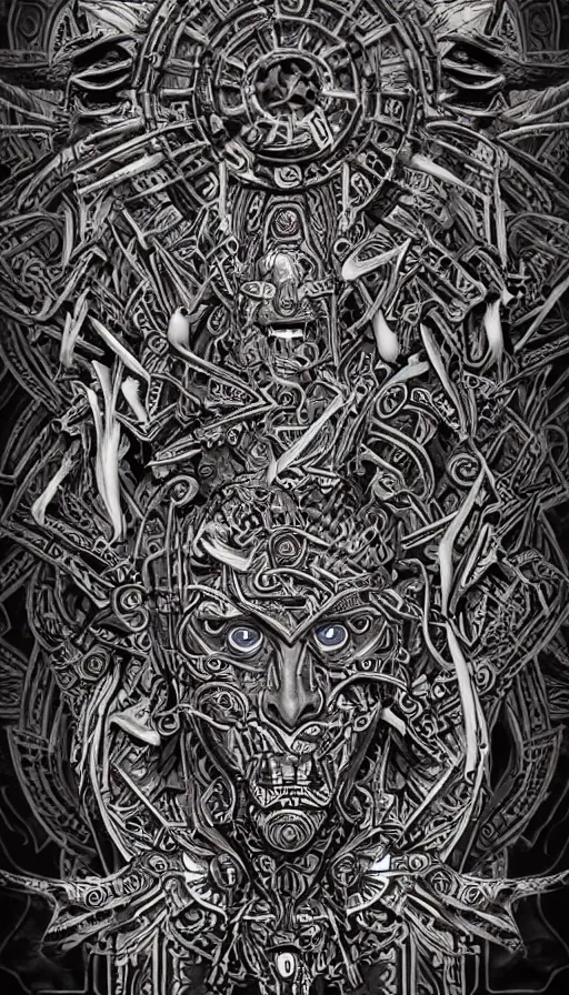 Image similar to ancient aztec fantasy face tattoo pattern concept, teonanacatl glyph, intricate artwork by, Alex Grey, Artgerm, very coherent artwork, cinematic, hyper realism, high detail, octane render, unreal engine, 8k, High contrast, higly detailed black ink outline