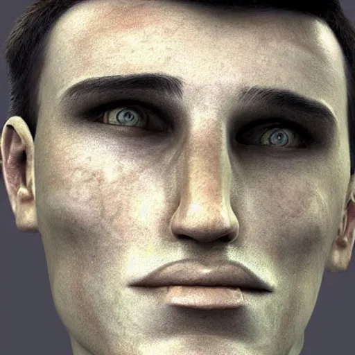 Prompt: a male human face, uncanny valley, disturbing, weird,