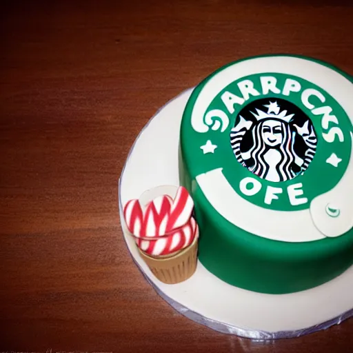 Prompt: photograph birthday cake with starbucks theme, dslr photography