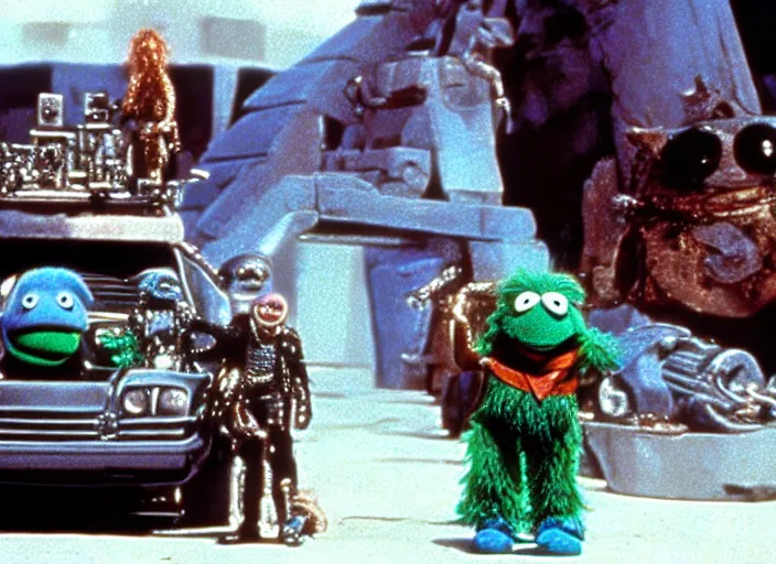 Image similar to scene from the 1 9 8 5 science fiction film muppet mad max beyond thunderdome