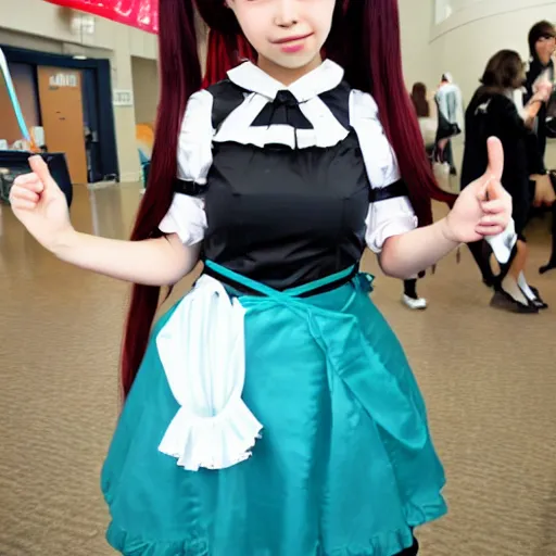 Prompt: a high definition photo of a young cosplayer with twin tails, wearing maid dress