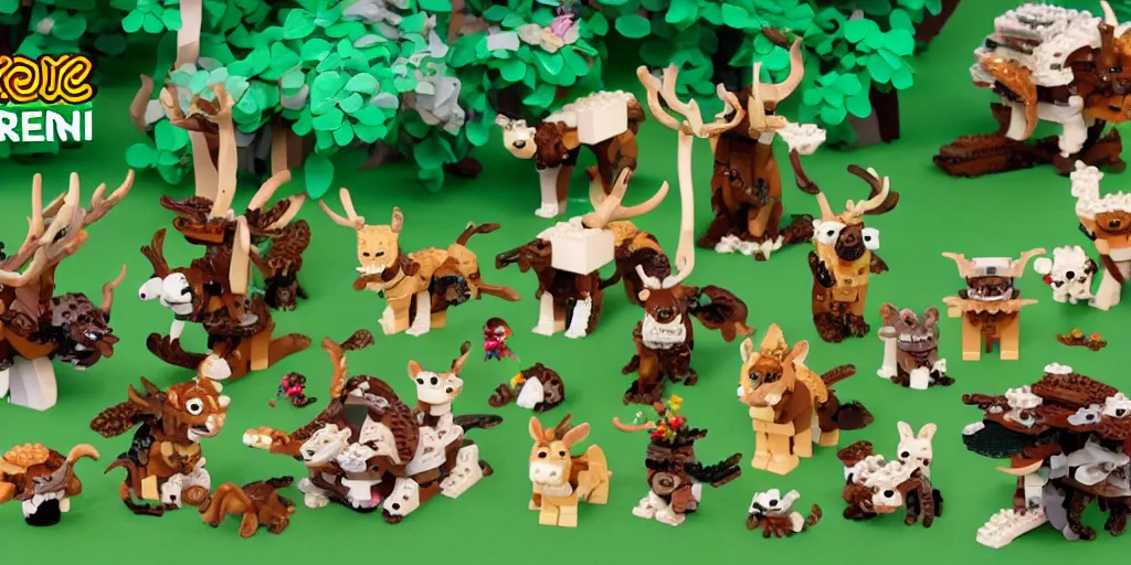 Image similar to lego mini build of forest creatures that live in the imagination forest, cute looking, kawaii, sharp focus, character sheet, game concept art