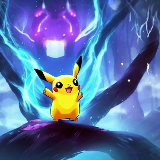 Image similar to a poster of pikachu in the style of ori and the blind forest