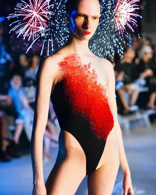 Image similar to olivia wearing an outfit made from fireworks, runway model at new york fashion week, sporty physique, black hair, freckles, pale skin, photo by greg rutkowski, stage lighting, soft colors, female beauty, intricate detail, elegance, 3 5 mm, depth of field, masterpiece