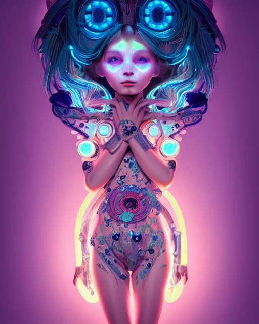 Image similar to a bioluminescent patchwork doll, highly detailed, digital painting, cinematic, hyperrealism, dark retrowave, art by stanley lau and artgerm and magali villeneuve and alphonse mucha, artstation, cgsociety