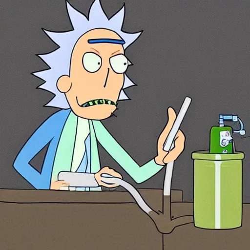 Prompt: cartoon of rick sanchez ( rick and morty ) smoking a plumber, in the style of rick and morty