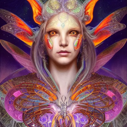Image similar to beautiful closeup portrait of an android fairy queen, glowing eyes. reflective detailed textures, moth wings, highly detailed dark fantasy science fiction painting by donato giancola and peter mohrbacher and nicholas roerich, elaborate geometric ornament, ancient runes, silver and cool colors. artstation