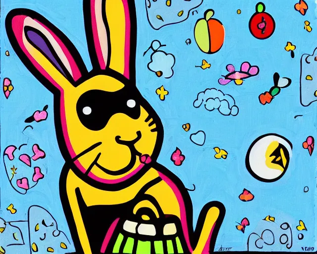 Image similar to a very cute netherland dwarf black bunny, art by romero britto