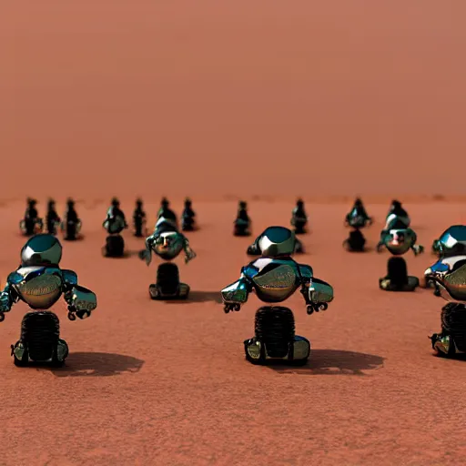 Image similar to army of army of metallic robots in desert, raytracing, 5 5 mm