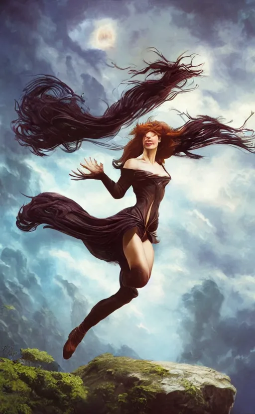 Image similar to photorealistic image of beautiful victorian female jumping gainer from a cliff fantasy warrior goddess, wind blown hair, seductive, confident, Neil Blevins, Frank frazetta, arney freytag, Magic the gathering,octane,