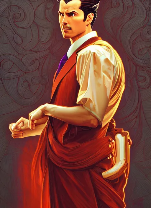 Prompt: oil portrait of phoenix wright, intricate, elegant, highly detailed, lighting, painting, artstation, smooth, illustration, art by greg rutowski and alphonse mucha