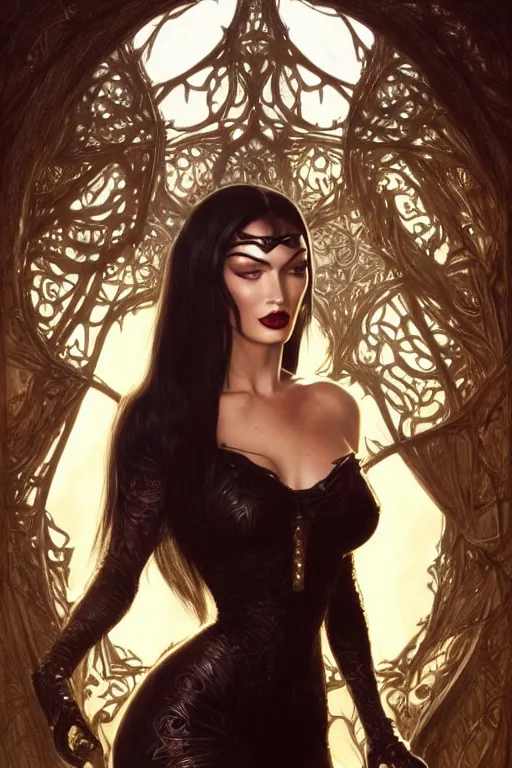 Image similar to ultra realistic illustration, megan fox as morticia addams from baldurs gate and diablo, intricate, elegant, highly detailed, digital painting, artstation, concept art, smooth, sharp focus, illustration, art by artgerm and greg rutkowski and alphonse mucha