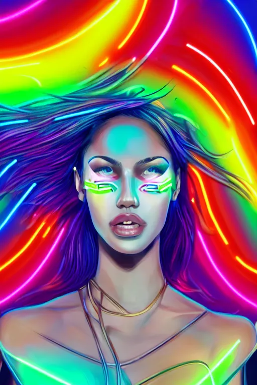 Image similar to a award winning half body portrait of a beautiful woman with stunning eyes in a croptop and cargo pants with rainbow colored hair blowing in the wind, outlined by whirling illuminated neon lines, outrun, vaporware, shaded flat illustration, digital art, trending on artstation, highly detailed, fine detail, intricate