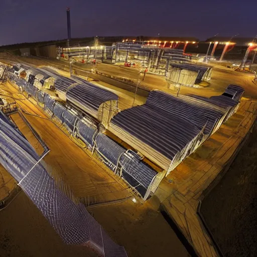 Image similar to photo of a factory exterior at night. lots of illuminated catwalks and gangways surrounding tall silos. various tubes and pipes run in raceways along the site.