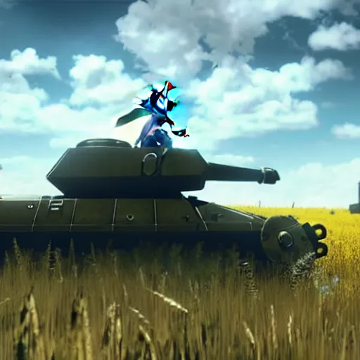 Prompt: a high resolution image from nier : automata, featuring 9 s android fighting an armoured vehicle resembling a russian t 3 4 tank in yellow rye field under pure blue skies