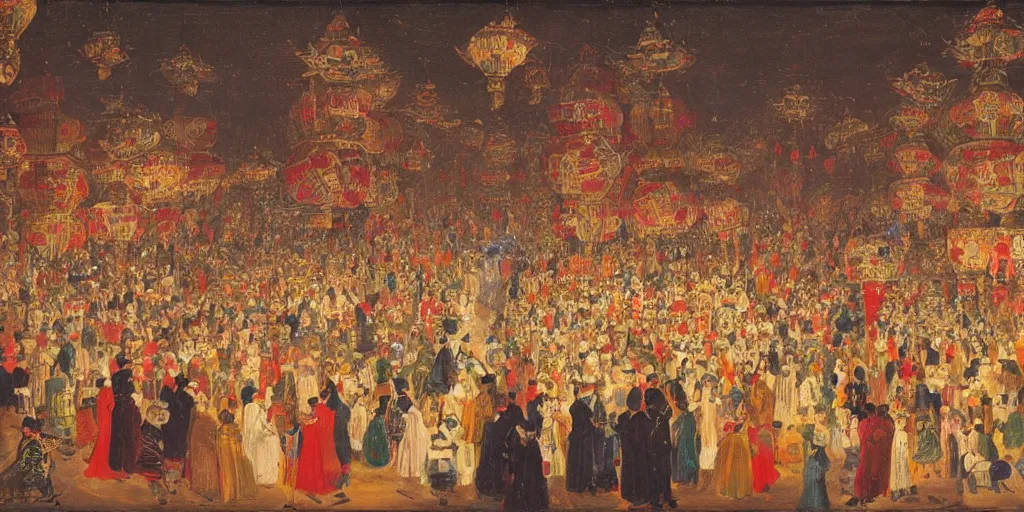 Image similar to night ceremony in the palace, crowd, happy faces, lanterns, detailed, oil - paint