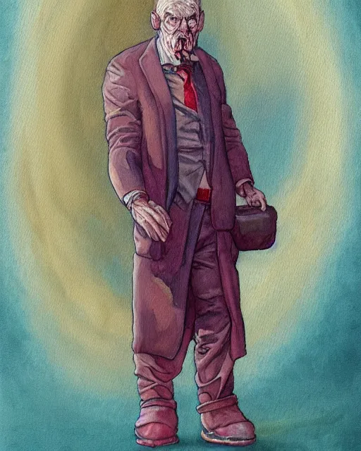 Image similar to a oil / watercolor painting full body character portrait of a psychology blasphemer in the style of moebius in the style of leonard boyarsky trending on artstation deviantart pinterest detailed realistic hd 8 k high resolution