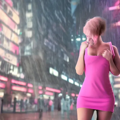 Image similar to blade runner city vicious girl in a short pink dress, 3d realistic photo 8k