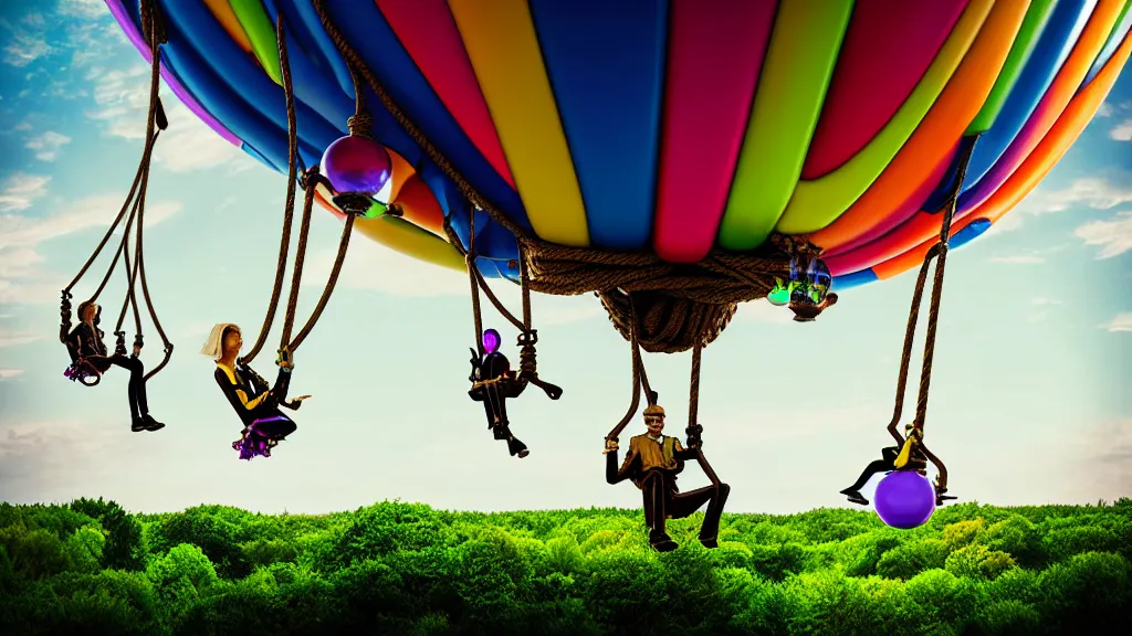 Prompt: large colorful futuristic space age steampunk balloons with people on rope swings underneath, flying high over the beautiful countryside landscape, professional photography, 8 0 mm telephoto lens, realistic, detailed, digital art, unreal engine