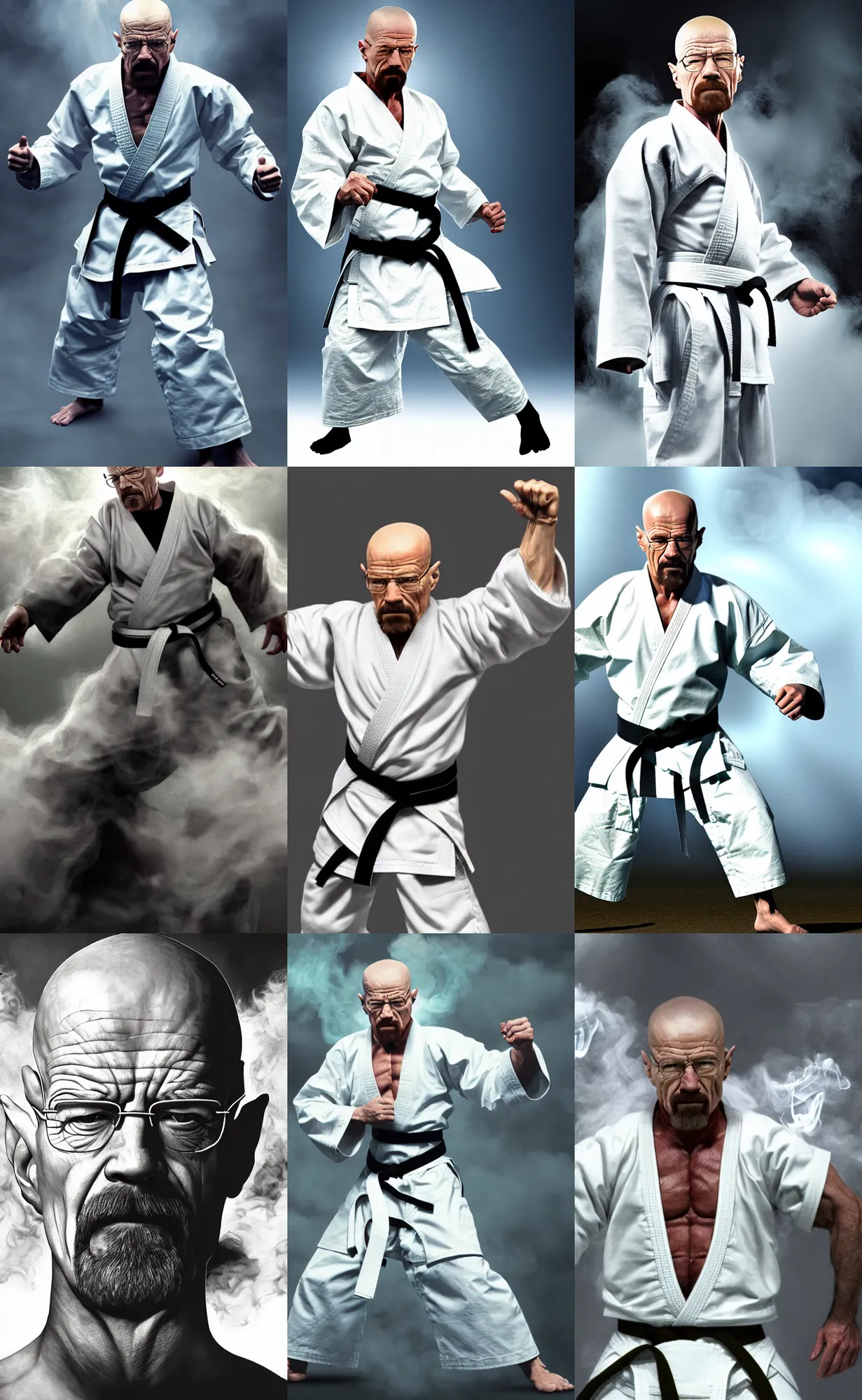 Prompt: Epic Concept art of grandmaster walter white wearing a white martial artist gi from the waist up, mid shot, snarling angerly yelling, lean but muscular physique, powering up, bald head and white beard, emanating shockwaves around him fog fills the area, air is being pushed around him, character surrounded by wispy smoke, plain background, by Chen Uen, art by Yoji Shinkawa, 4k